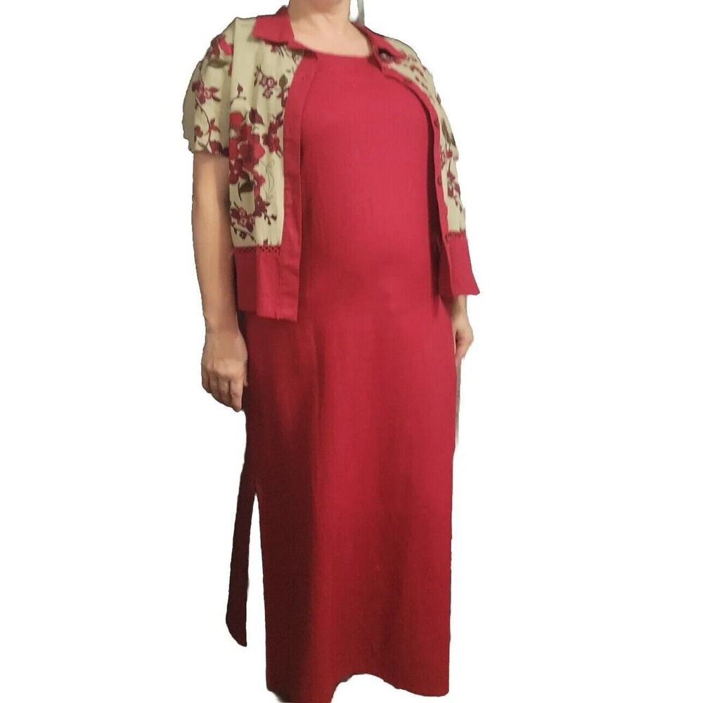 Ease Sport Womens XL Red Linen Maxi Dress Set Button Front Floral Shirt Summer